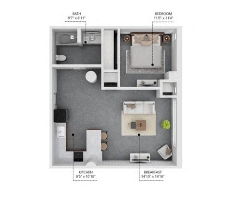 Floor plan for 1 bed, 1 bath, 667 sqft